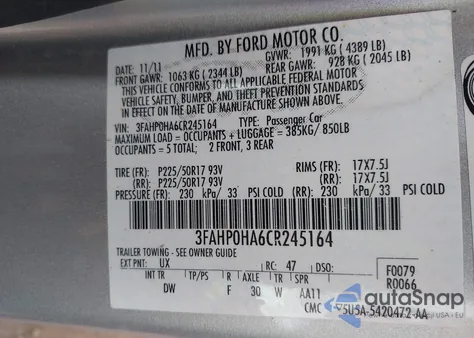 2012 Ford Fusion Se z USA, uszkodzony, nr VIN 3FAHP0HA6CR245164